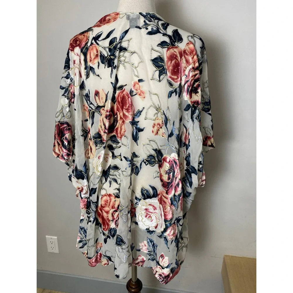 Vintage 90s Velvet Burnout Floral Kimono Wrap Gold Metallic Rose Sheer Cardigan